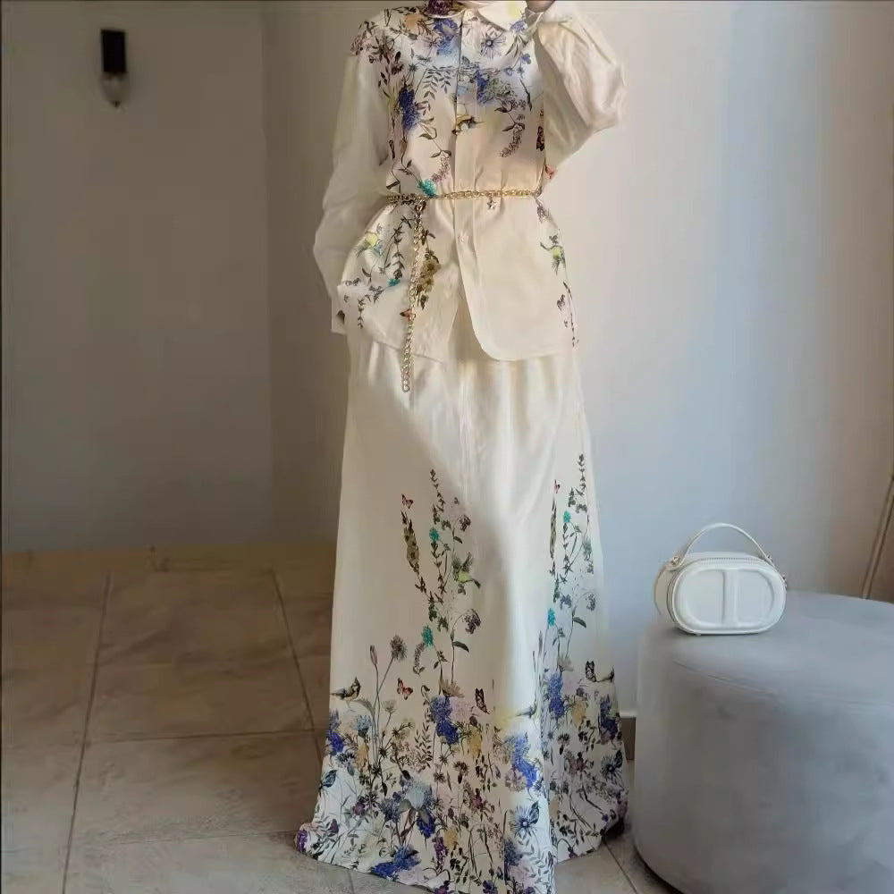 Women's Fashion Flower-Print Casual Long Dress Set