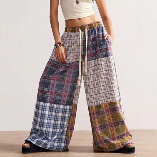 Retro High-waist Drawstring Printed Wide-leg Pants For Women