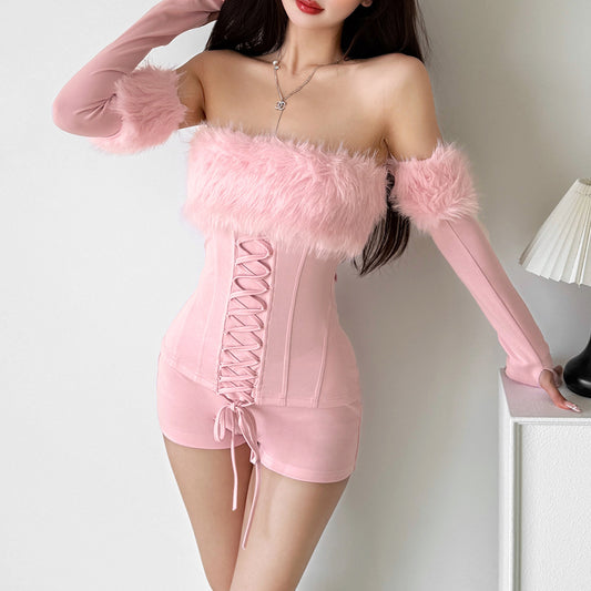 Womens Solid-Color Fluffy Patchwork Long-Sleeve Halter Top And Shorts Set