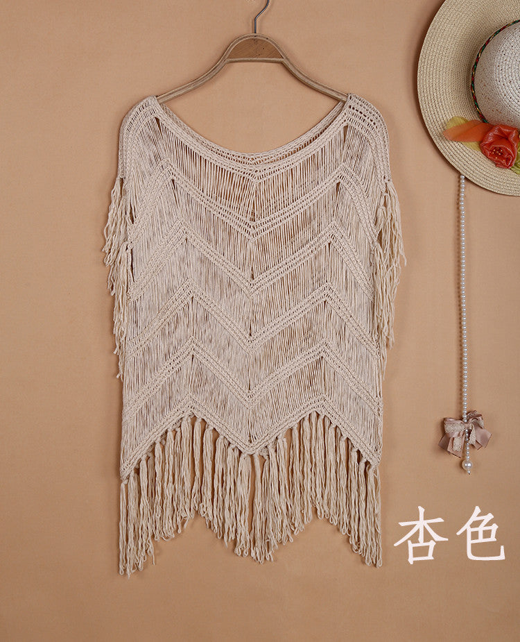 Bohemian Beach Cover-up Hollow Hand Crocheting Tassel Patchwork Top