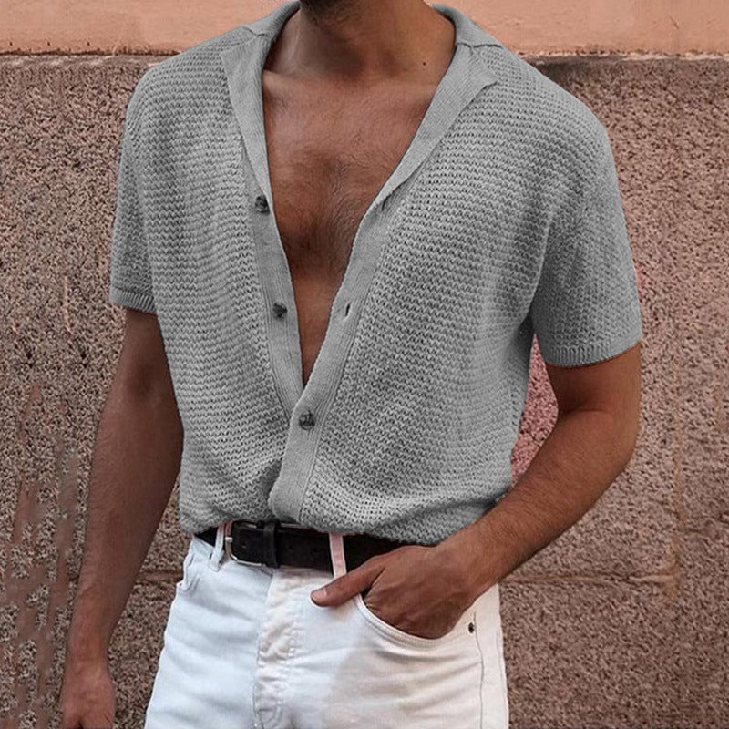 Men's Lapel Short Sleeved Sweater Thin Short Sleeved Sweater T Shirt