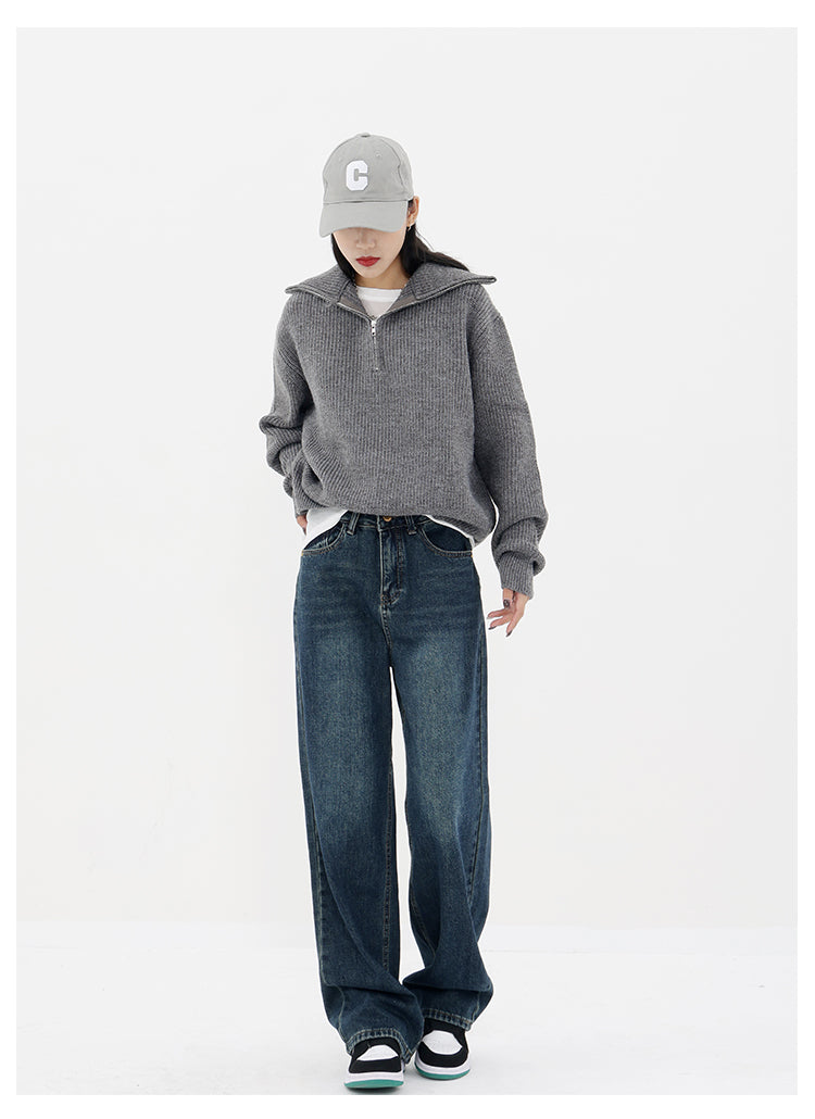 Retro Blue Jeans Women's Gradient High Waist Straight Casual Pants