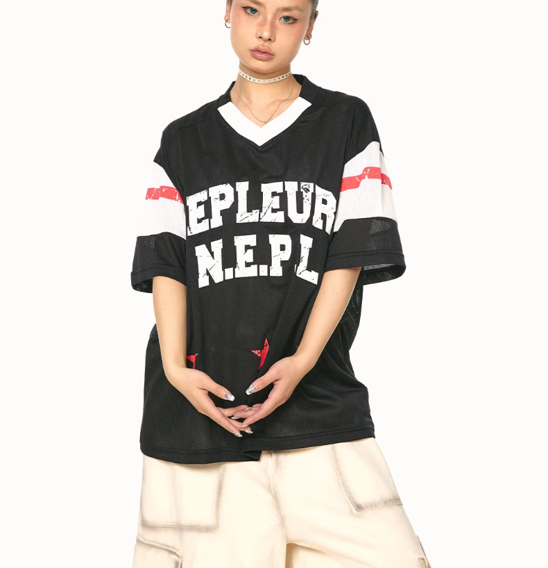 American Retro Patchwork V-neck Short Sleeve