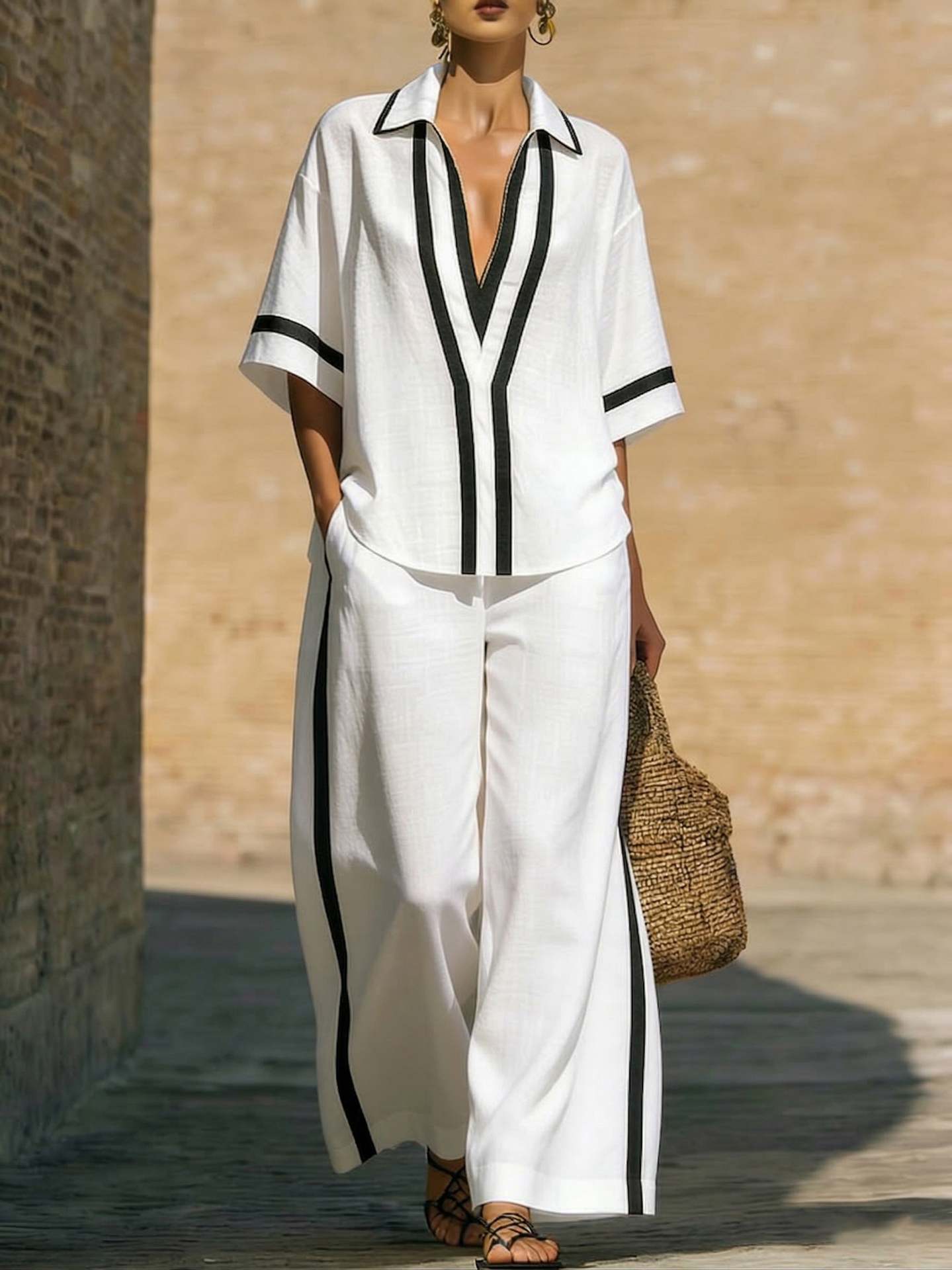 Fashionable Loose Casual Color-Block Short-Sleeve Shirt And Wide-Leg Pants Two-Piece Set