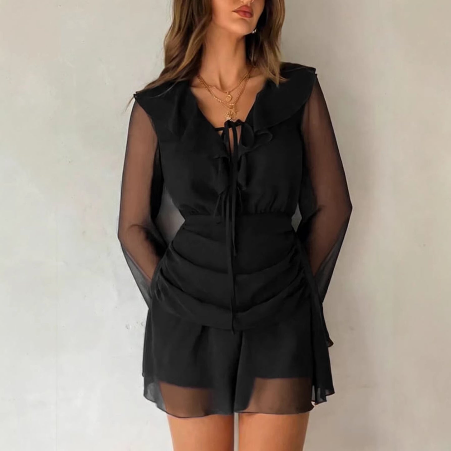 European And American-style Sheer Long-sleeve Dress With Ruffled Hem