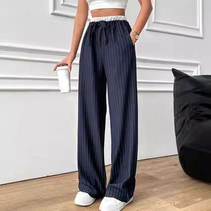 Casual Vertical Stripes Color Matching High Waist Trousers