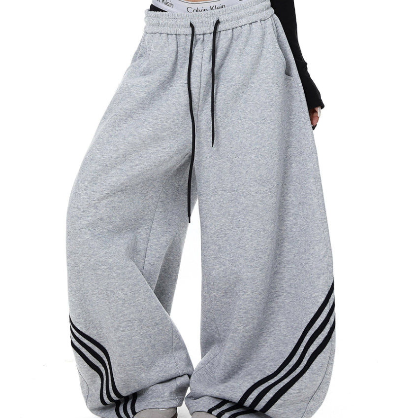 Womens American-Style Retro Striped Color-Block Patchwork Cropped Sweatpants