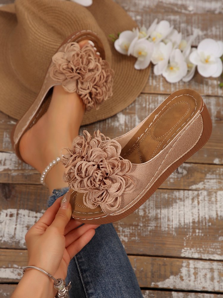 Plus-size Summer Wedge Mule Sandals With A Fish-mouth Toe Ankle Strap And Floral Design For Outdoor Wear