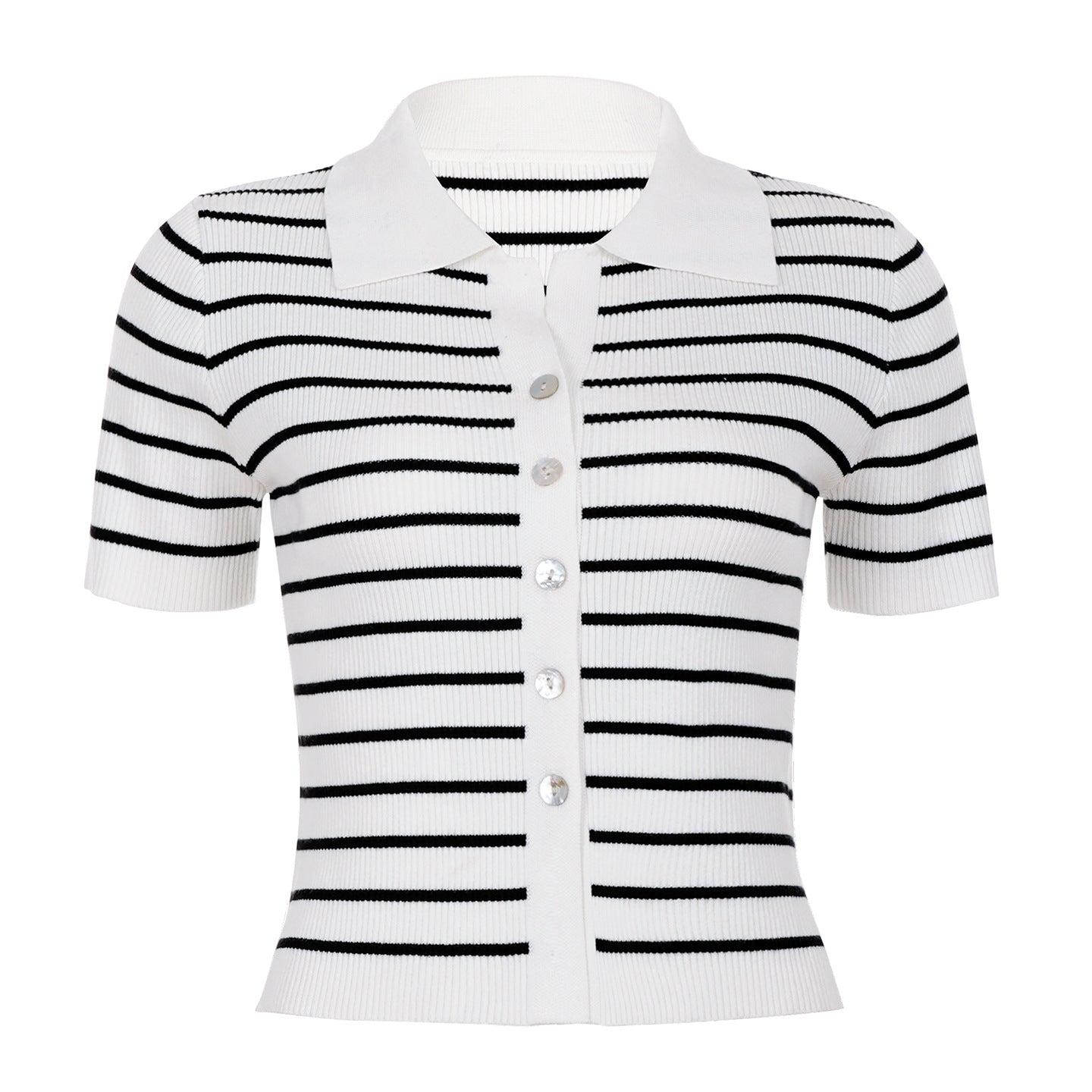 Contrast Color Striped Wool Short Sleeve Single Row Button Cardigan Top Women