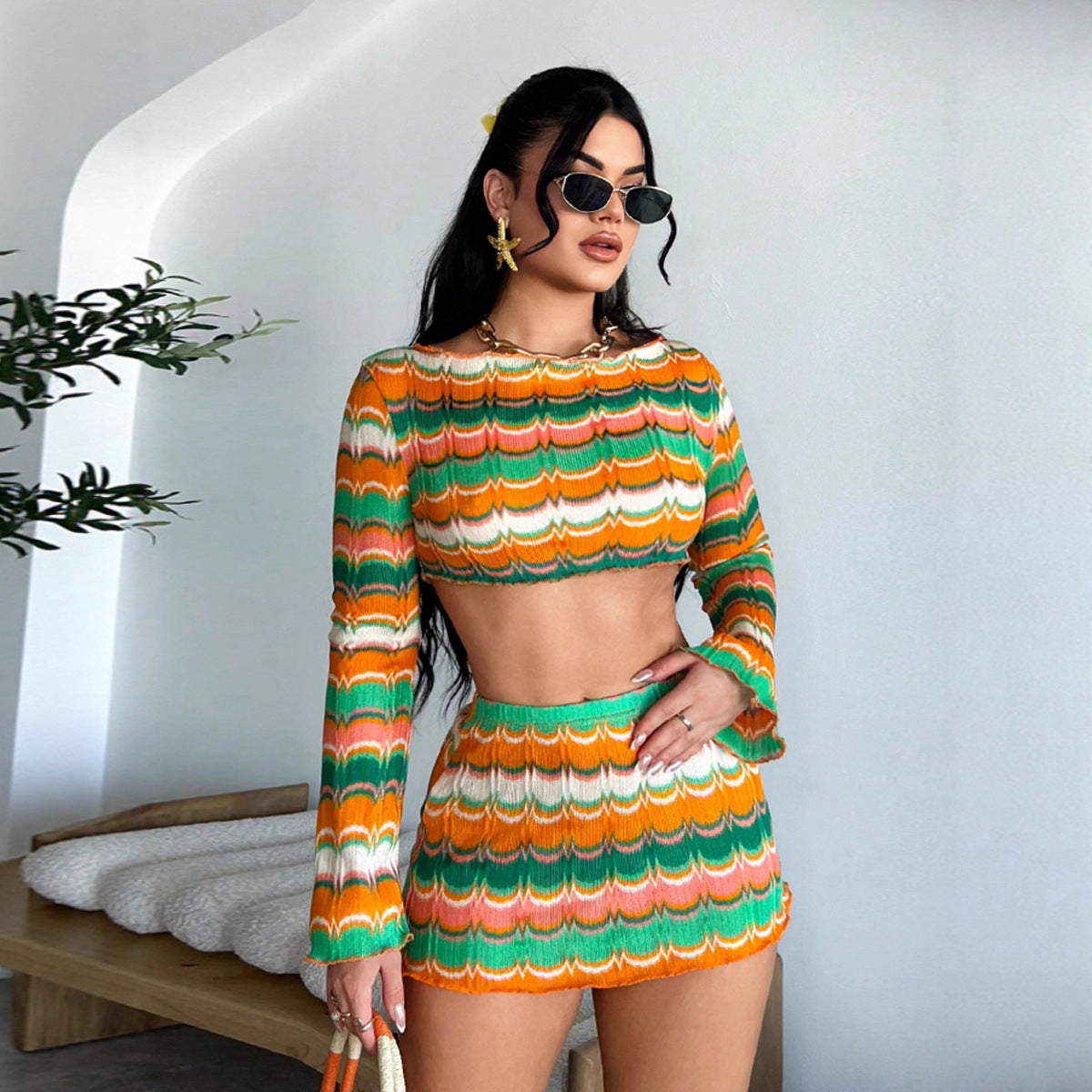 European And American-style Sexy Midriff-baring Multi-color Woven Womens Set