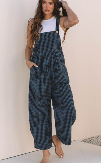 Sail Blue Plaid Print Buttoned Pocketed High Waist Overall