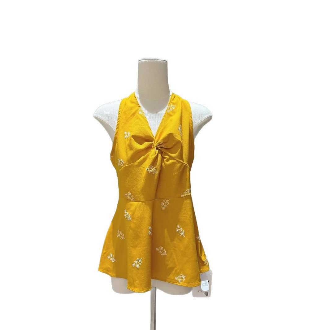 French Style Vacation Style V-neck Knot Halterneck Vest Sling