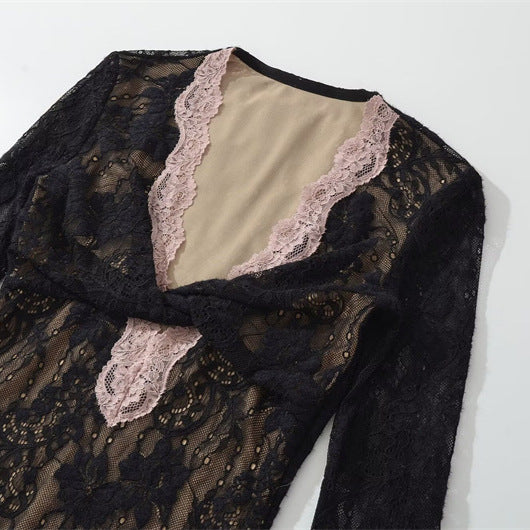 Double-layer Embossed Crochet Lace Bodycon Hollowed-Out Jumpsuit For Women