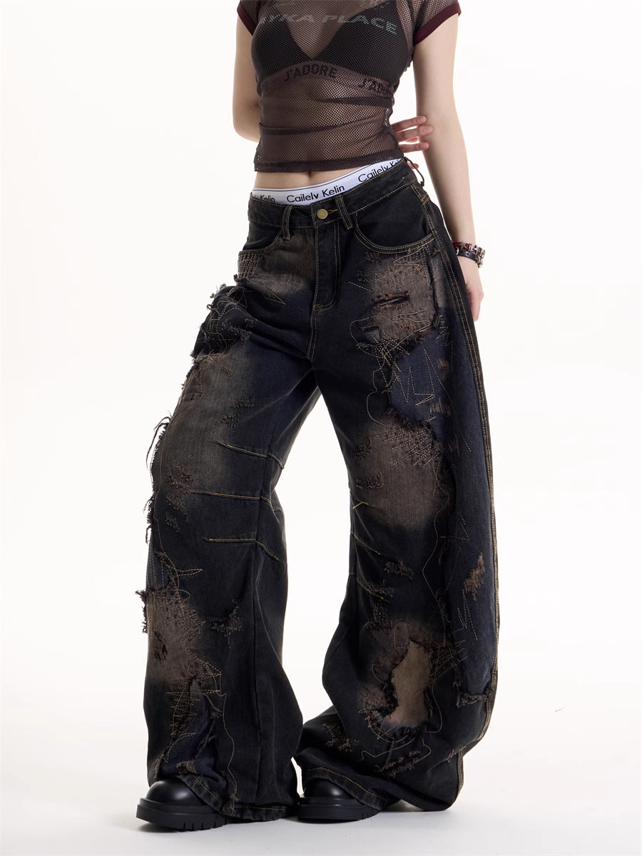 American Retro Hot Girl Wind Black Tie-dyed Ripped Jeans
