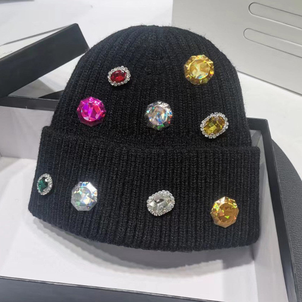 Hand-drilled Gem Rhinestone Hat Women's All-match Knitting