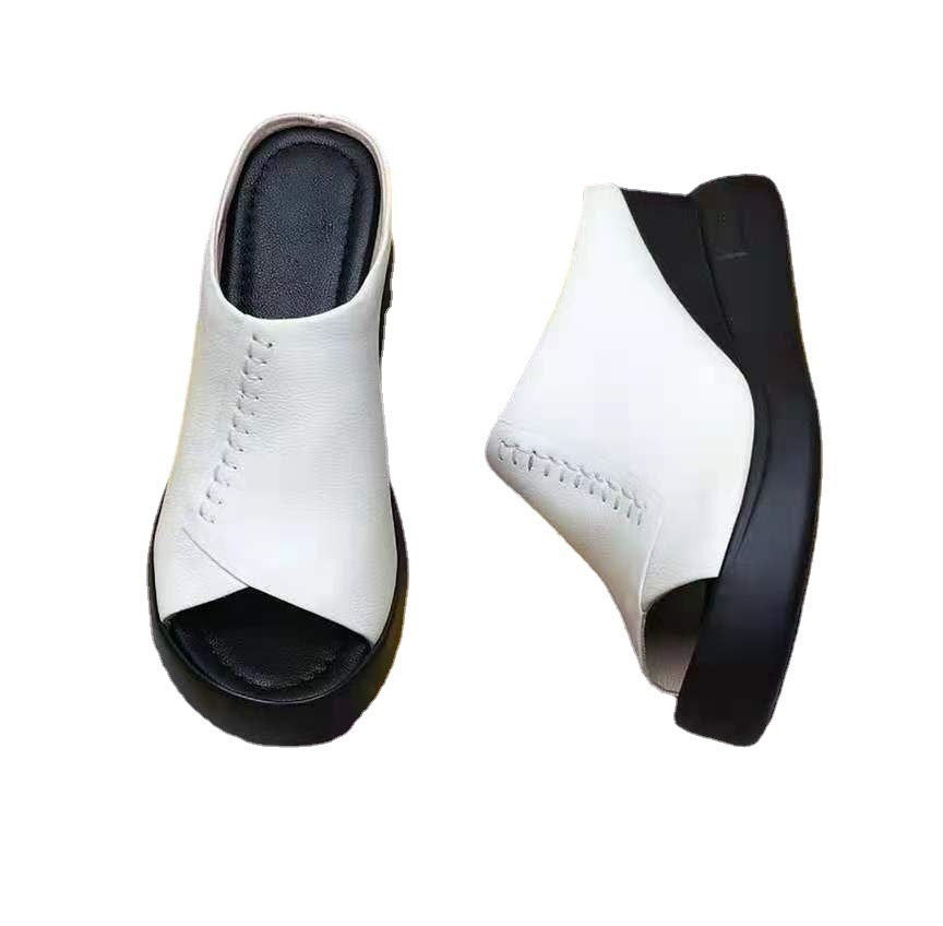 Women's Soft Leather Thick Bottomed Sandals And Slippers