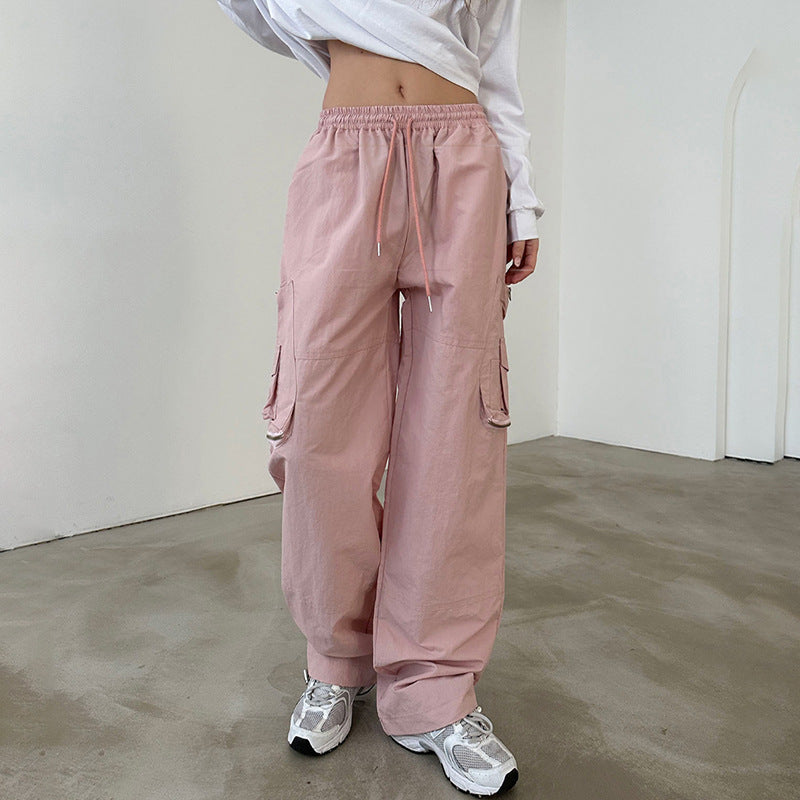 American Street Three-dimensional Pocket Elastic Waist Tie Cargo Pants
