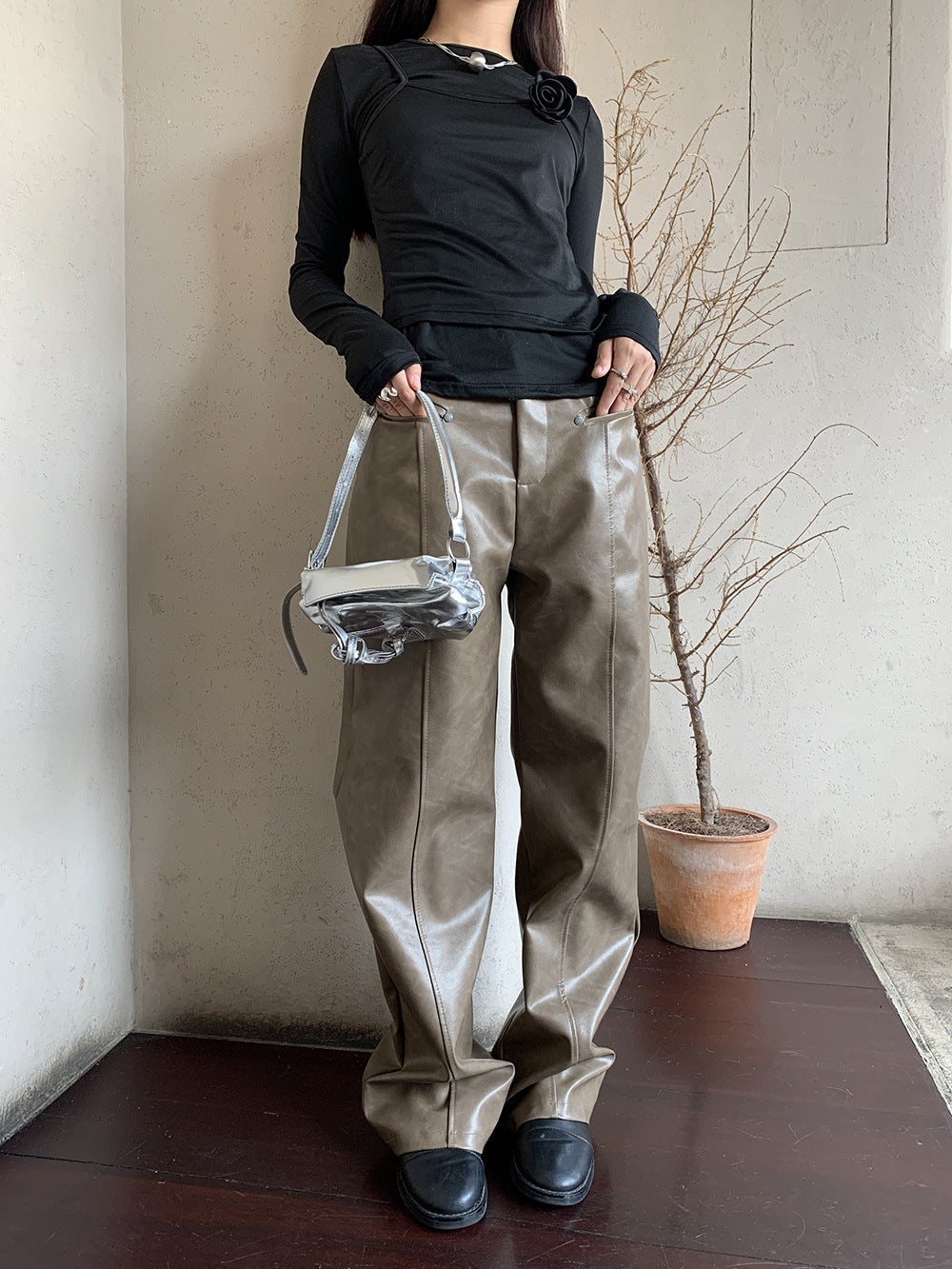 Women's Autumn And Winter PU Texture Casual Pants