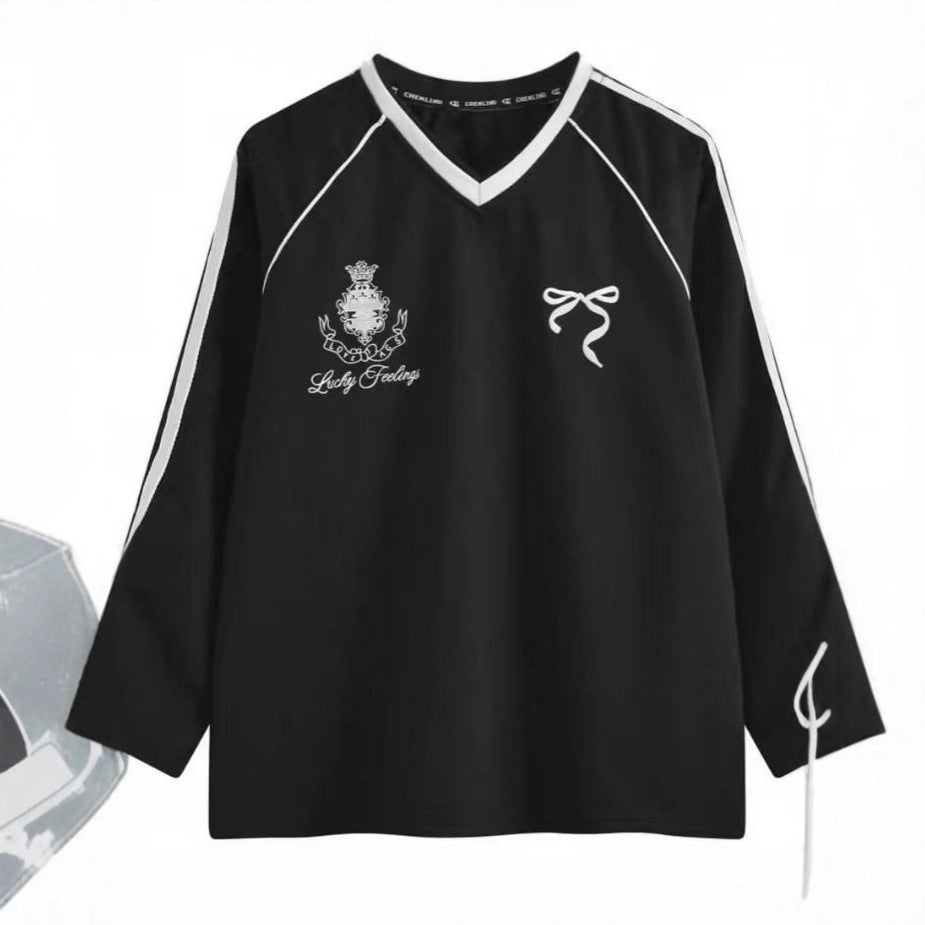 V-neck Tie Butterfly Long Sleeve Loose Sports Jersey Style T-shirt