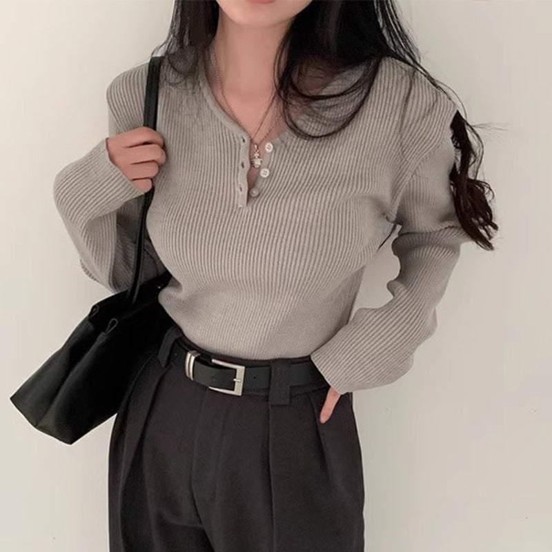 Leisure Day WANGXING Button V-neck Sweater
