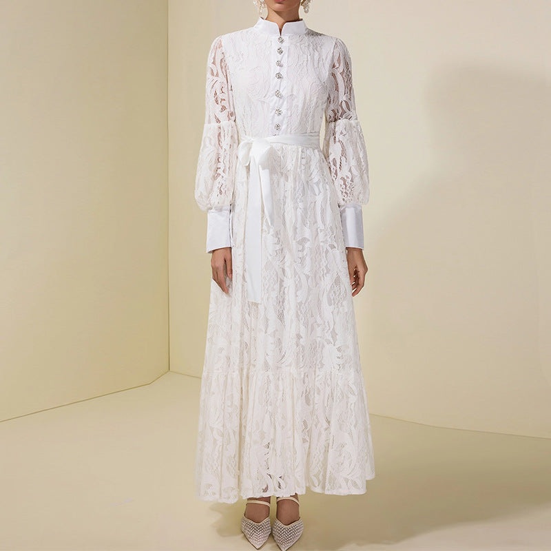 Lantern-sleeve Lace White Elegant Fashion Dress