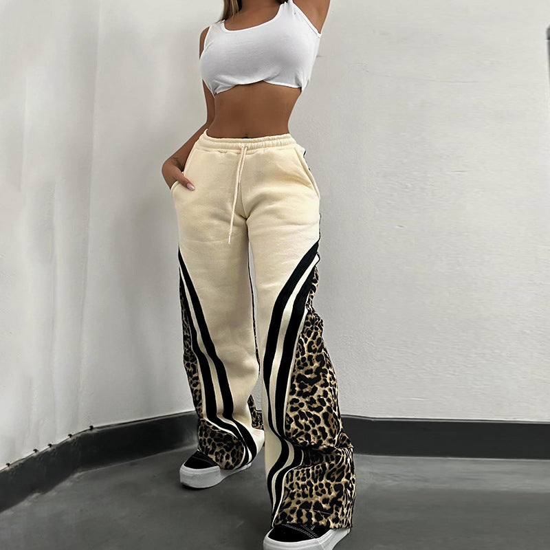 Printed Striped Color Matching High Waist Loose Trousers For Women