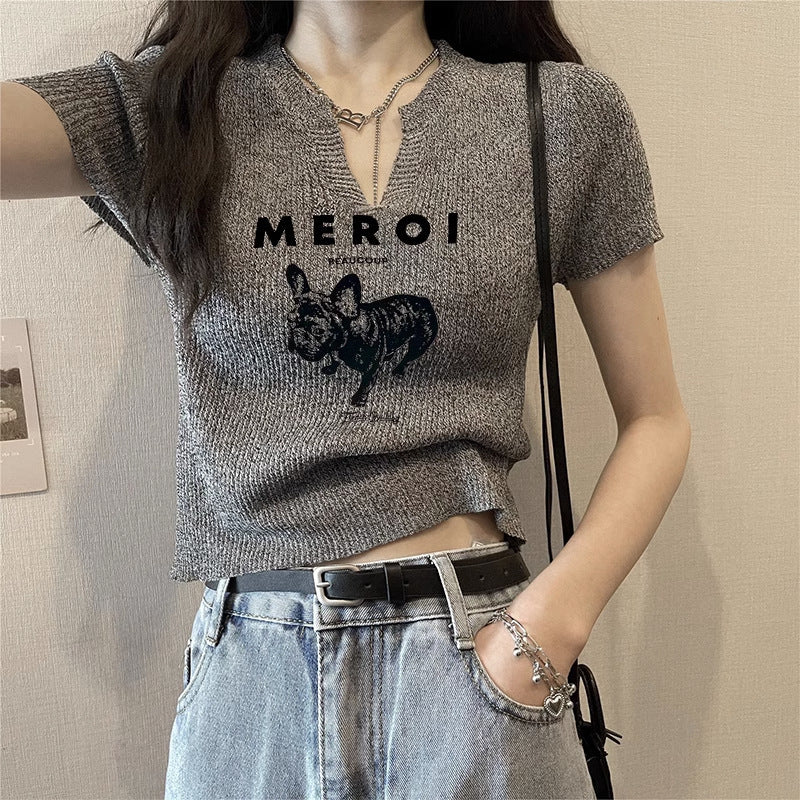 Women's Shoulder V-neck Short-sleeved T-shirt Design Sense