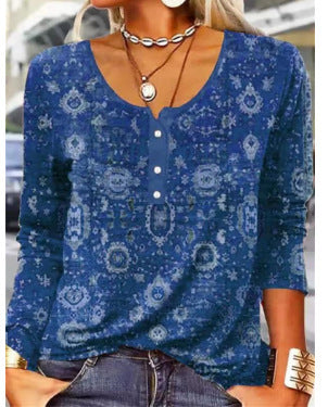 Women's Long-Sleeve Printed V-Neck Loose T-Shirt