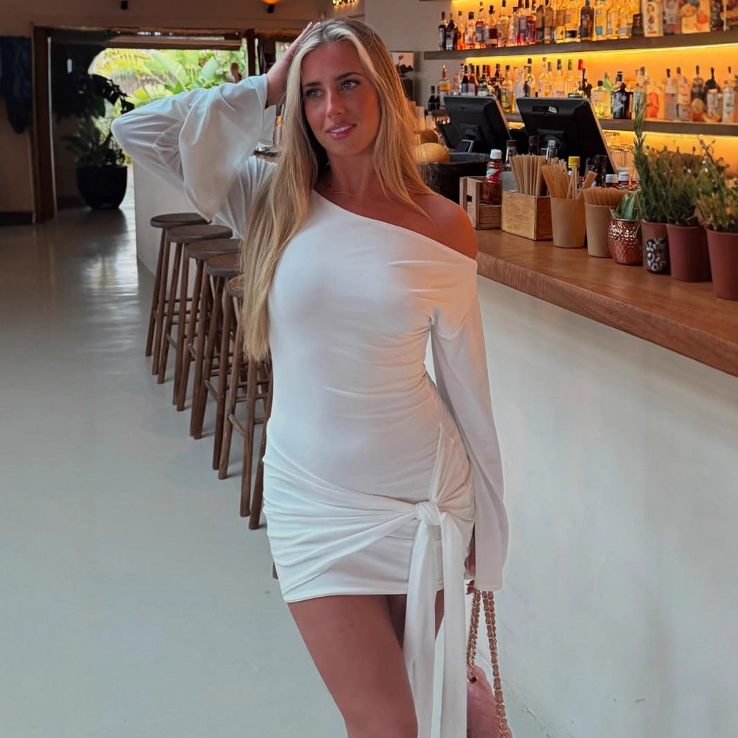Elegant And Fashionable Solid-color Womens Off-shoulder Waist-cinching Dress