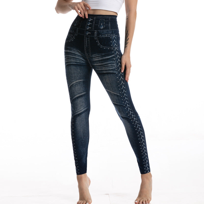 Womens Fashionable Printed Cotton Denim-Look Leggings