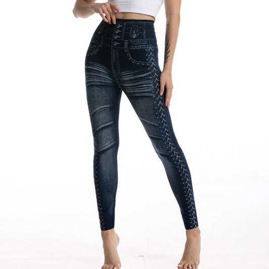 Womens Fashionable Printed Cotton Denim-Look Leggings