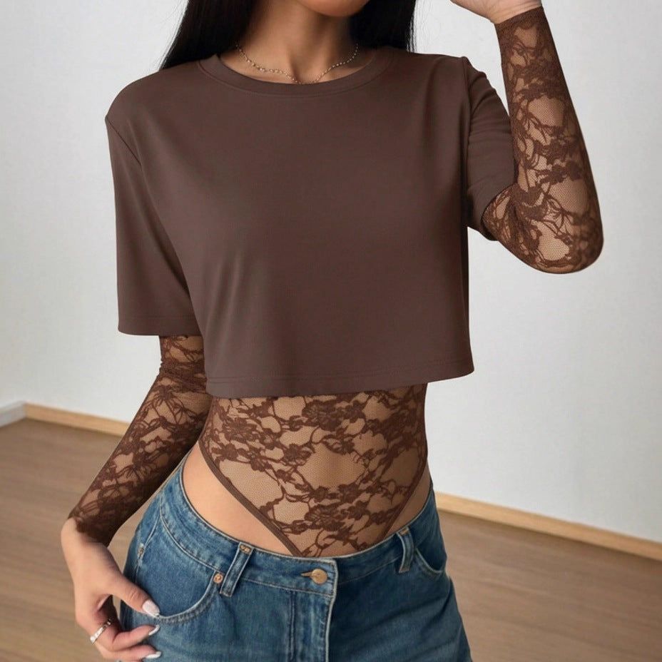 Womens Solid-Color Midriff-Baring Slim-Fit Lace Patchwork Jumpsuit