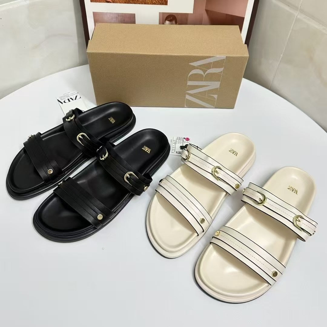 Women's Round-Toe Single-Strap Buckle-Details Fashionable Flat Sandals