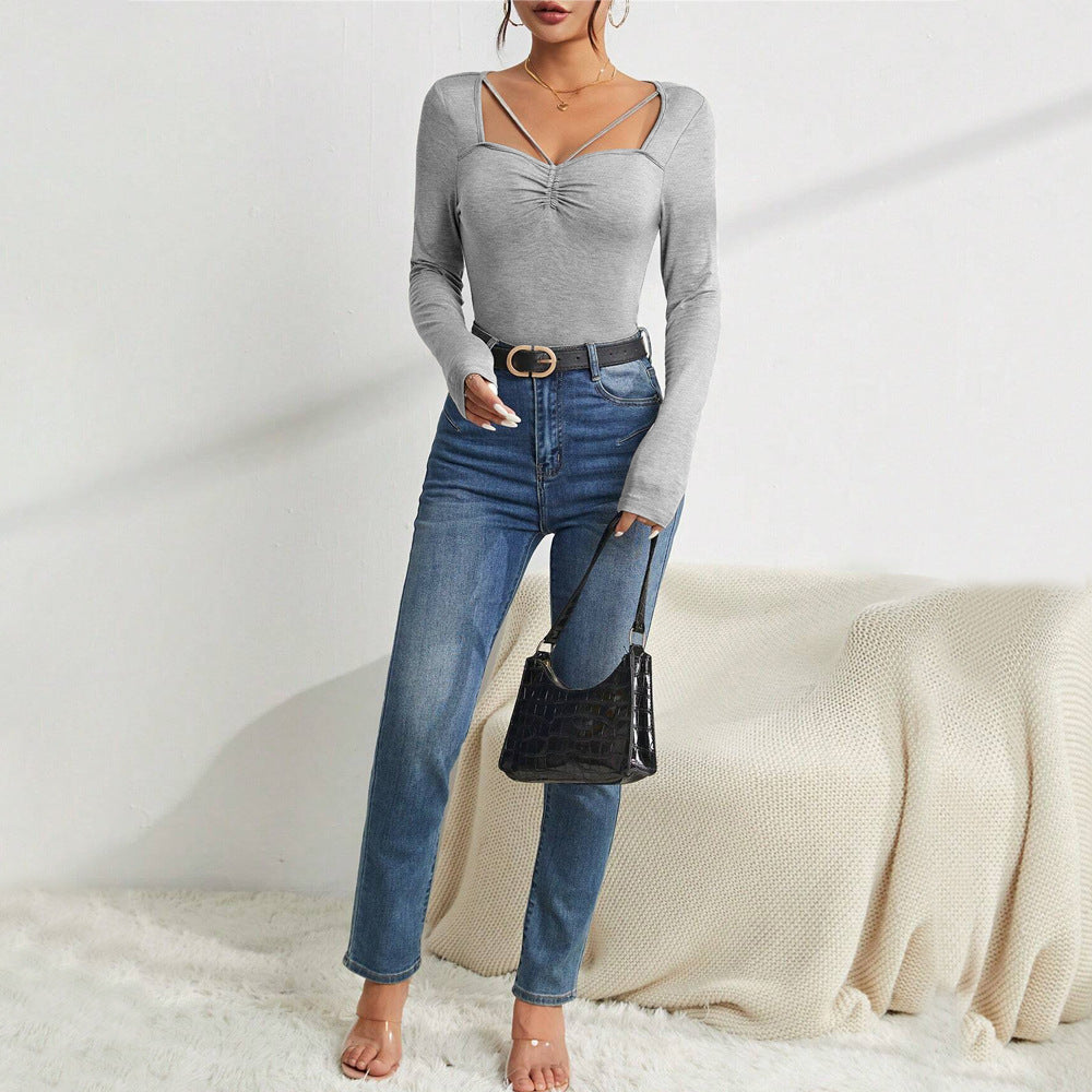Women's Minimalist Design Square Neck T-shirt Slim And Versatile Autumn And Winter Base Layer
