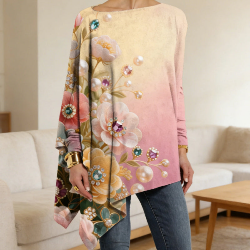 Pastel Gradient Jeweled Floral Print Long Sleeve Asymmetric Hem Loose Top