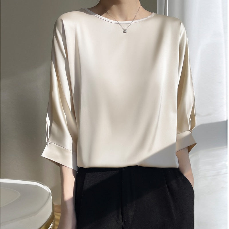 Dame Rund Hals Morbærsilke Løs Satin Kort Is-silke T-shirt Top