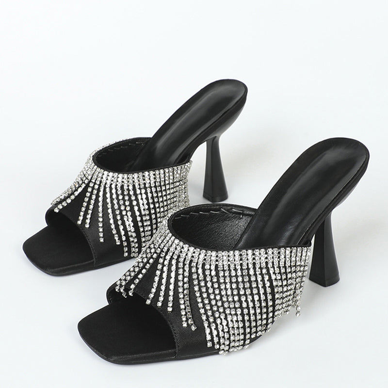 Rhinestone Square Head Satin High Heel Sandals