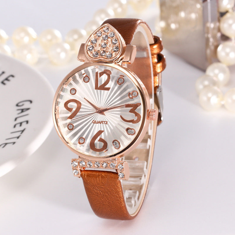 Peach Heart Rhinestone Big Number Belt Female Watch