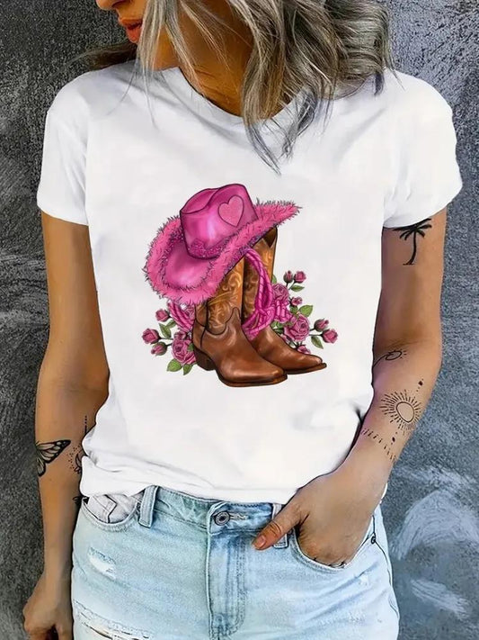 Cowgirl T-shirts med blomsterprint til kvinder Sommer T-shirt Dame Rive