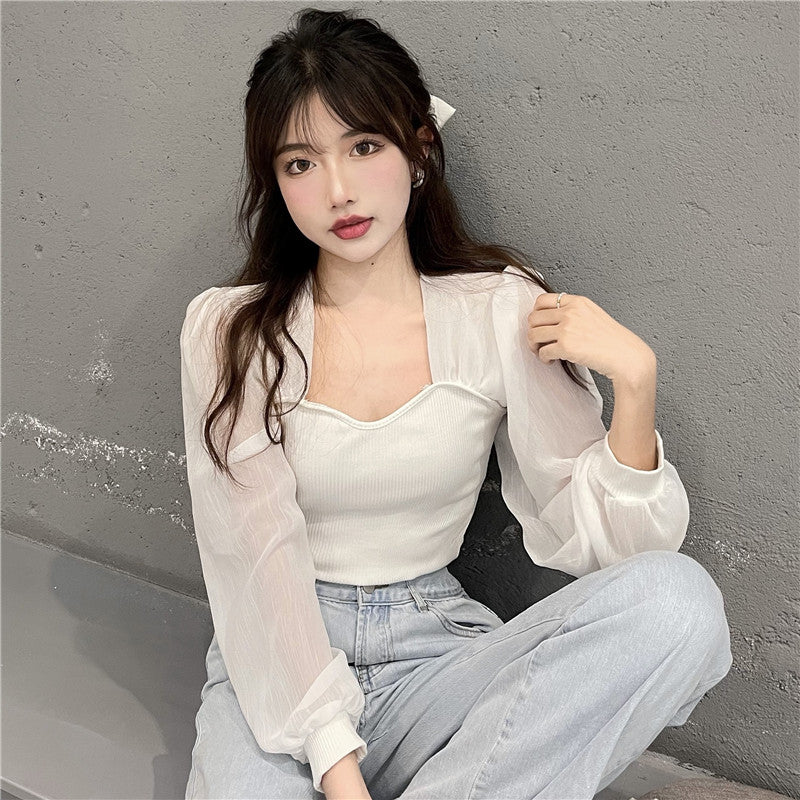 New French Long Sleeve Square Neck Thin Retro Shirt