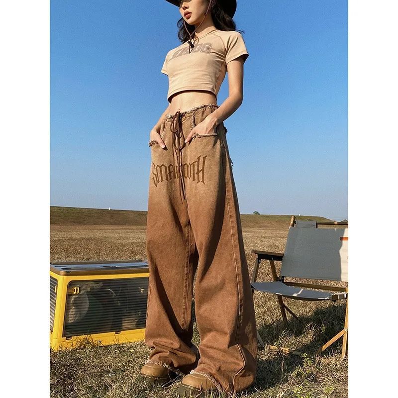 American-style Retro Frayed Design Loose Wide-leg Jeans