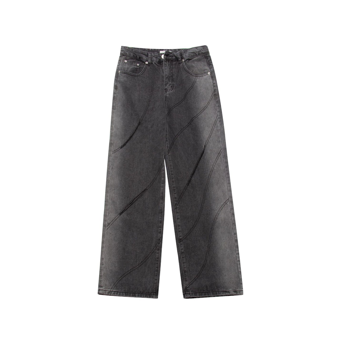 Chaopai Worn-out Hole Straight High Waist Denim Casual Pants