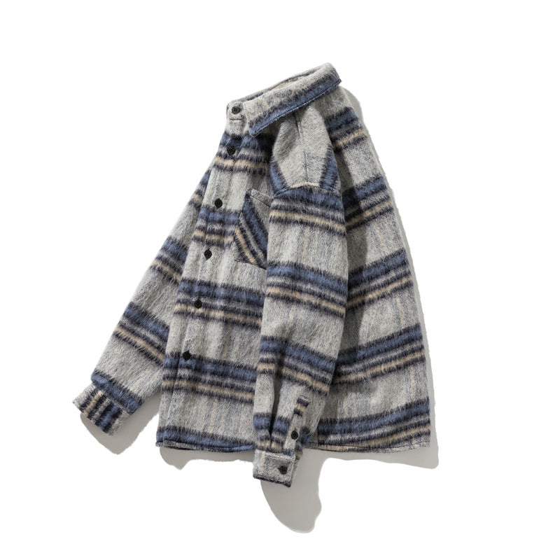 Contrasting Color Brushed Thickened Long-sleeved Plaid Shirt Men's Models