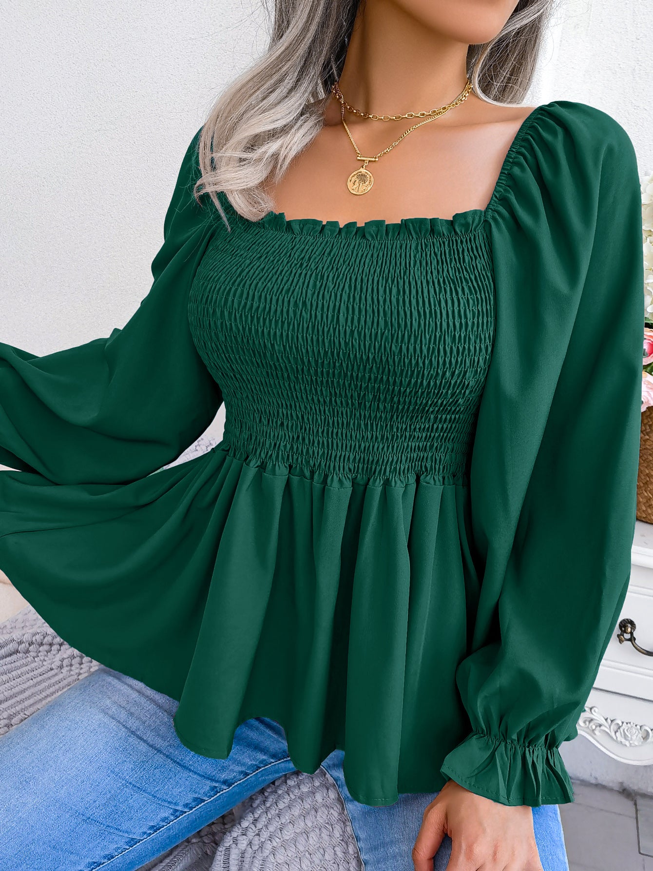 Women's Casual Ruffle Trim Square Neck Long Sleeve Chiffon Top
