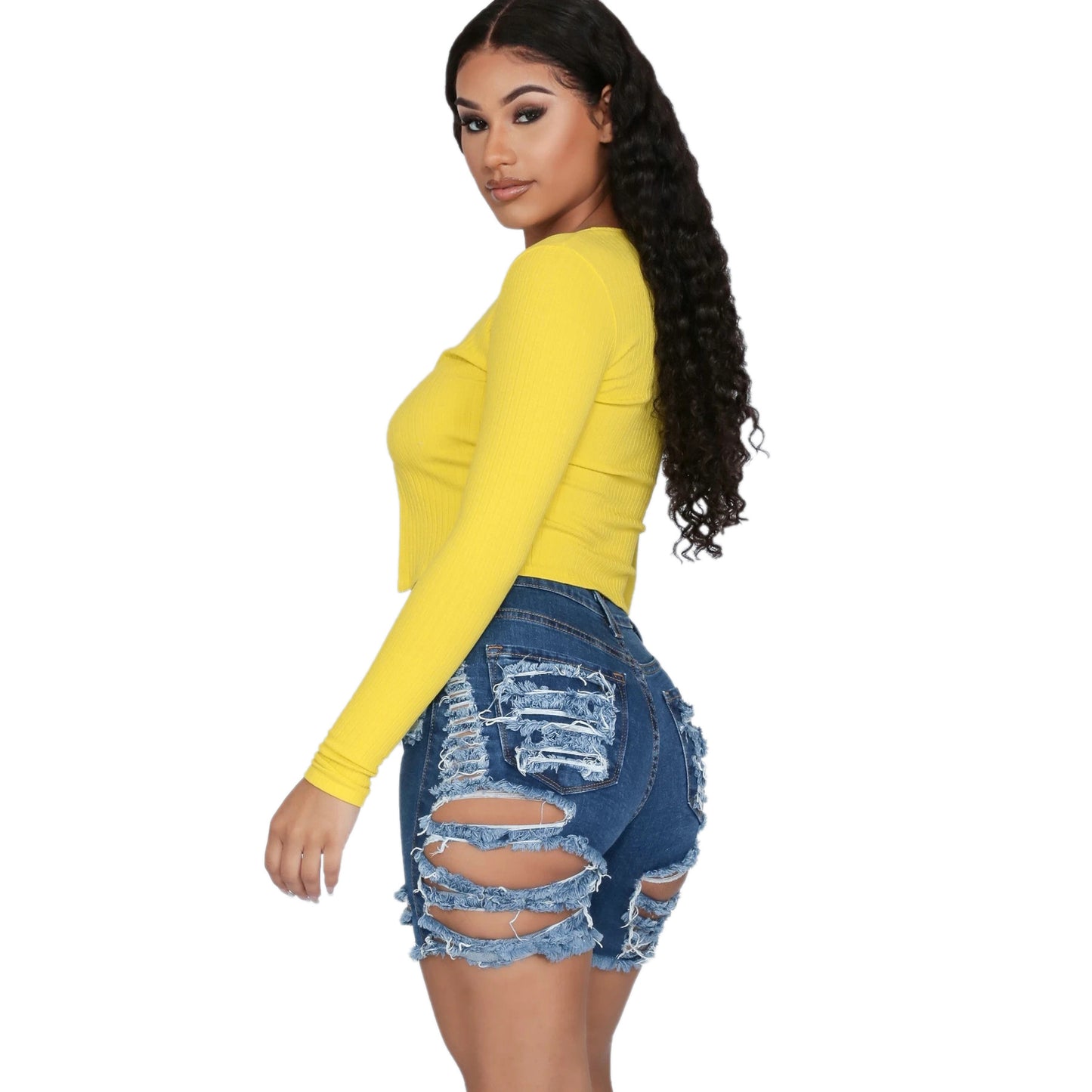 Hand-worn high waist denim shorts