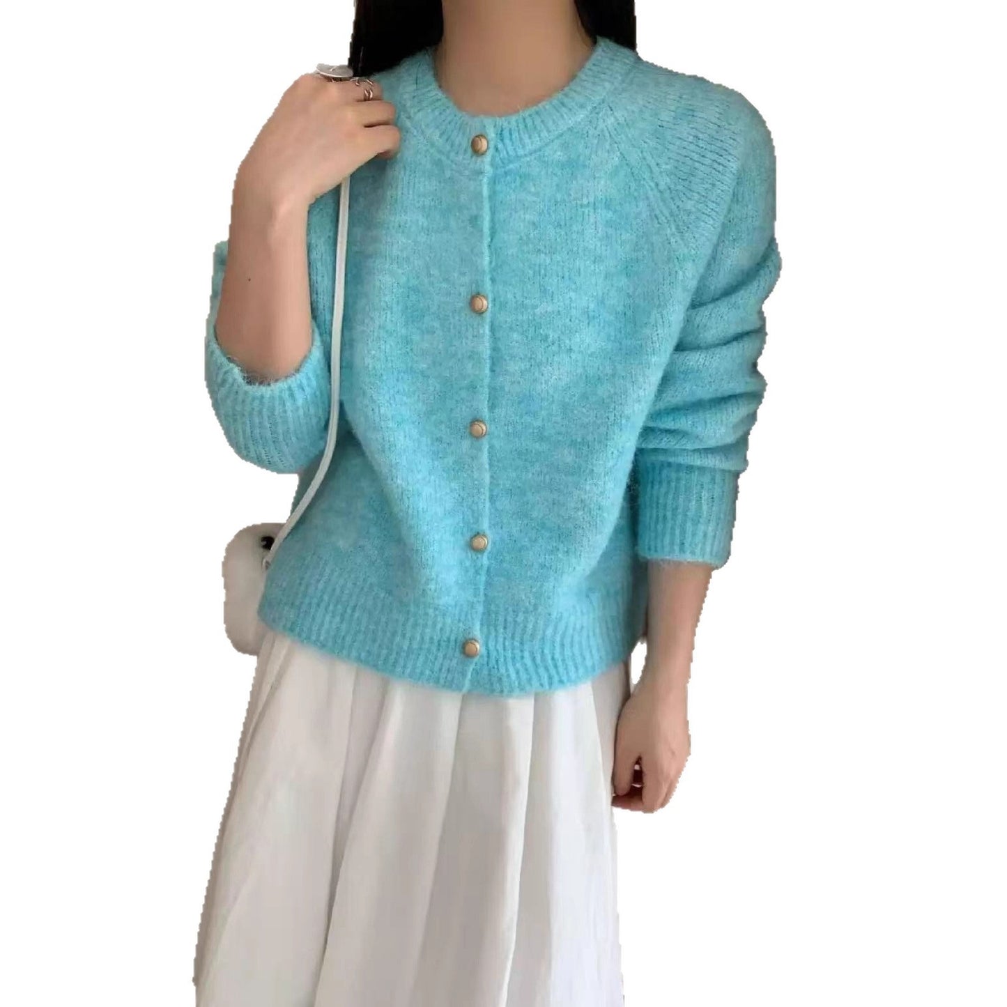 Metal Buckle Round Neck Knitted Cardigan Loose Casual