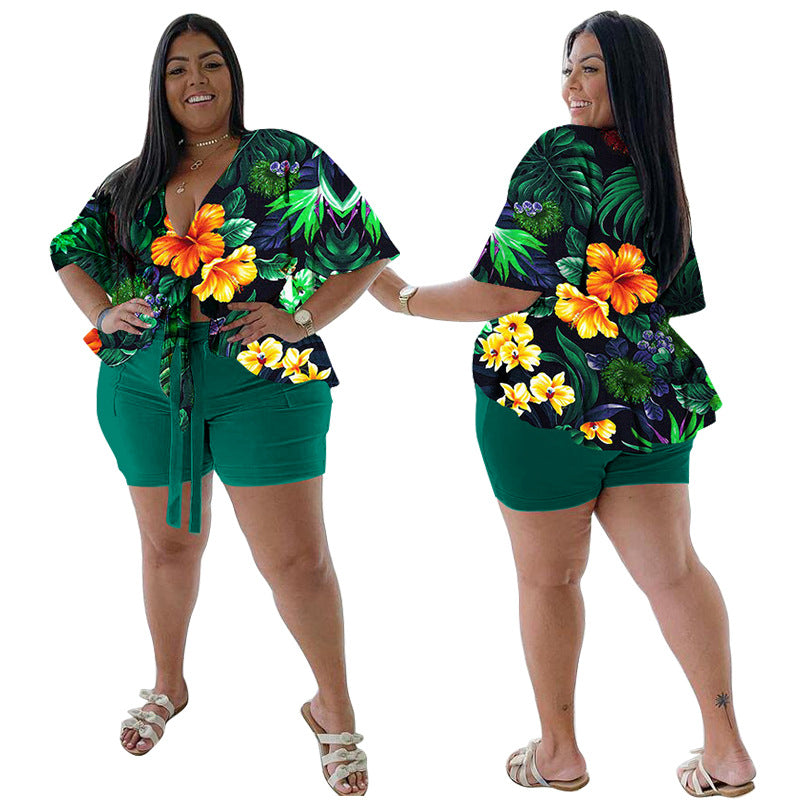 Women's Plus-Size Casual T-Shirt And Shorts Set With Print