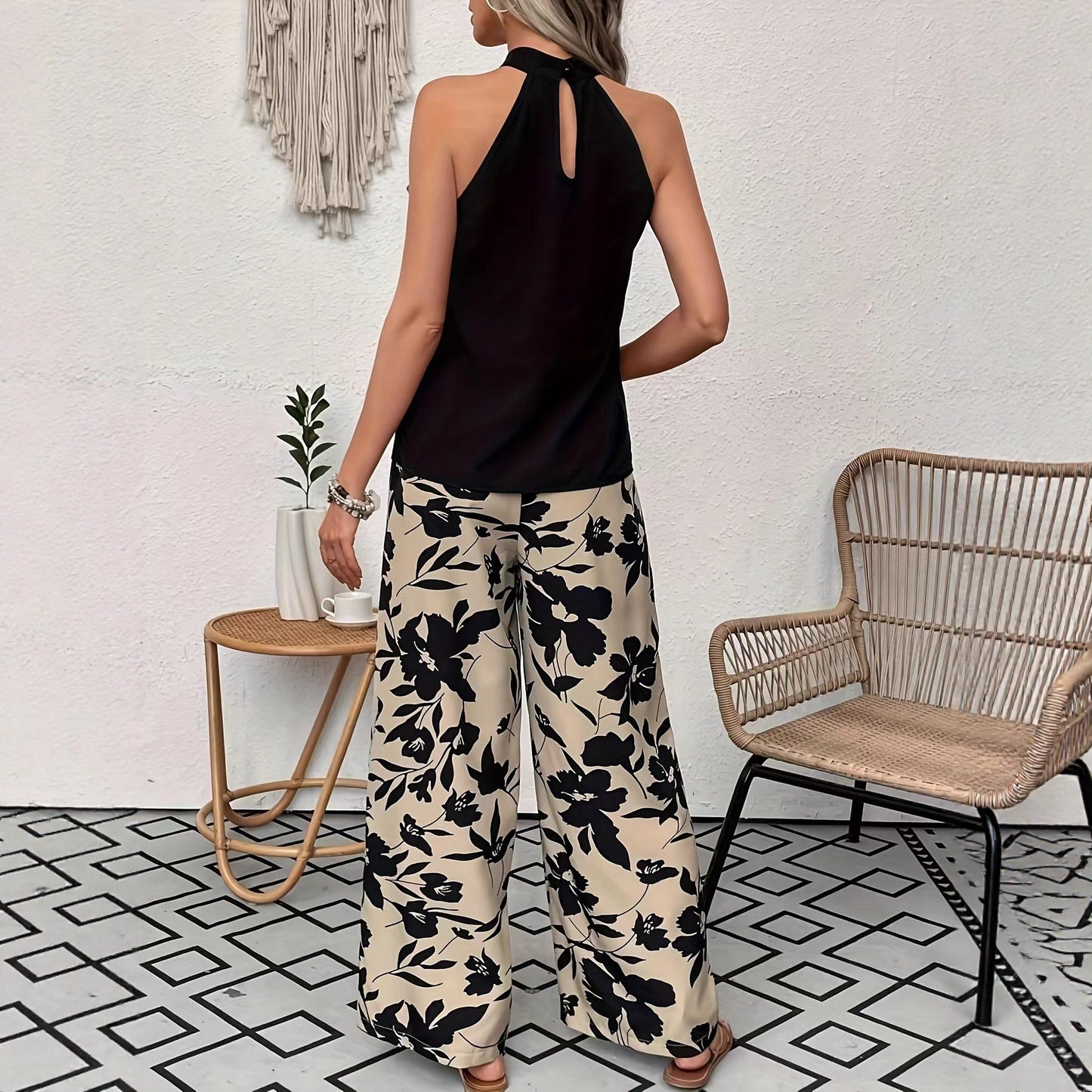 Comfortable Printed Pants Elastic Waist Wide-Leg Pants Womens Casual Trousers
