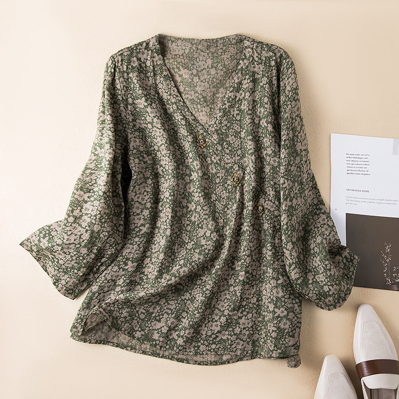 Spring New Linen V-neck Floral Retro Literary Shirt Women