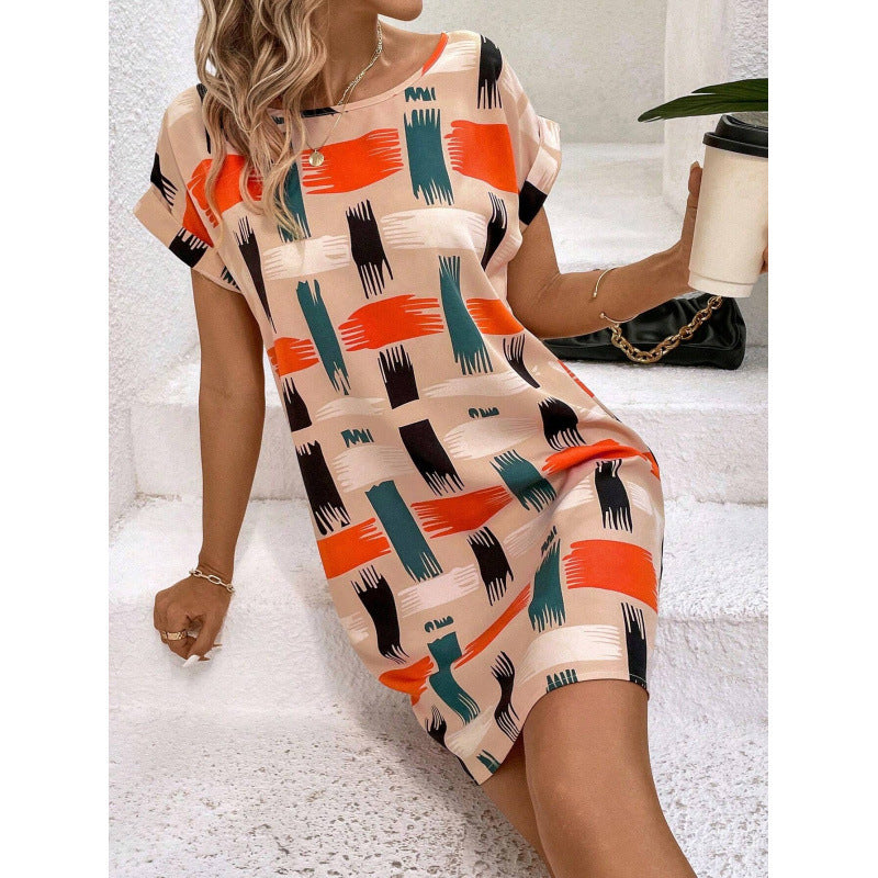 Loose-fitting Casual Crew-neck Printed Short-sleeve Dress